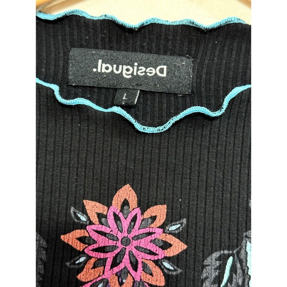 Desigual Black Ribbed Mock Neck Long Sleeve Floral Women's Top Size L Artsy - Picture 4 of 11